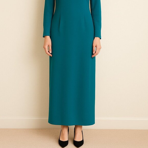 Henry-Lee Teal Long Sleeve Maxi Dress Women’s Notched V-Neck Classic Elegant - Picture 2 of 13